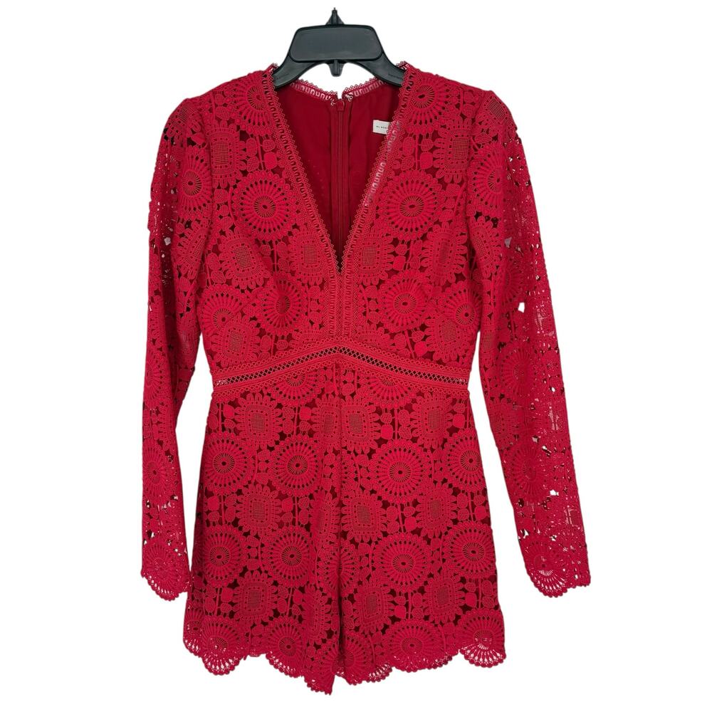 Monique Lhuillier Red Guipure Lace Romper Women’s 4 Deep V Designer Party